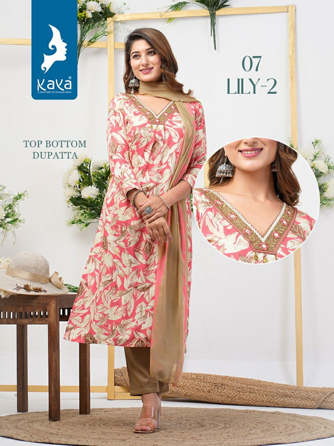 Lily 2 By Kaya Rayon Foil Printed Kurti With Bottom Dupatta Wholesale Price In Surat